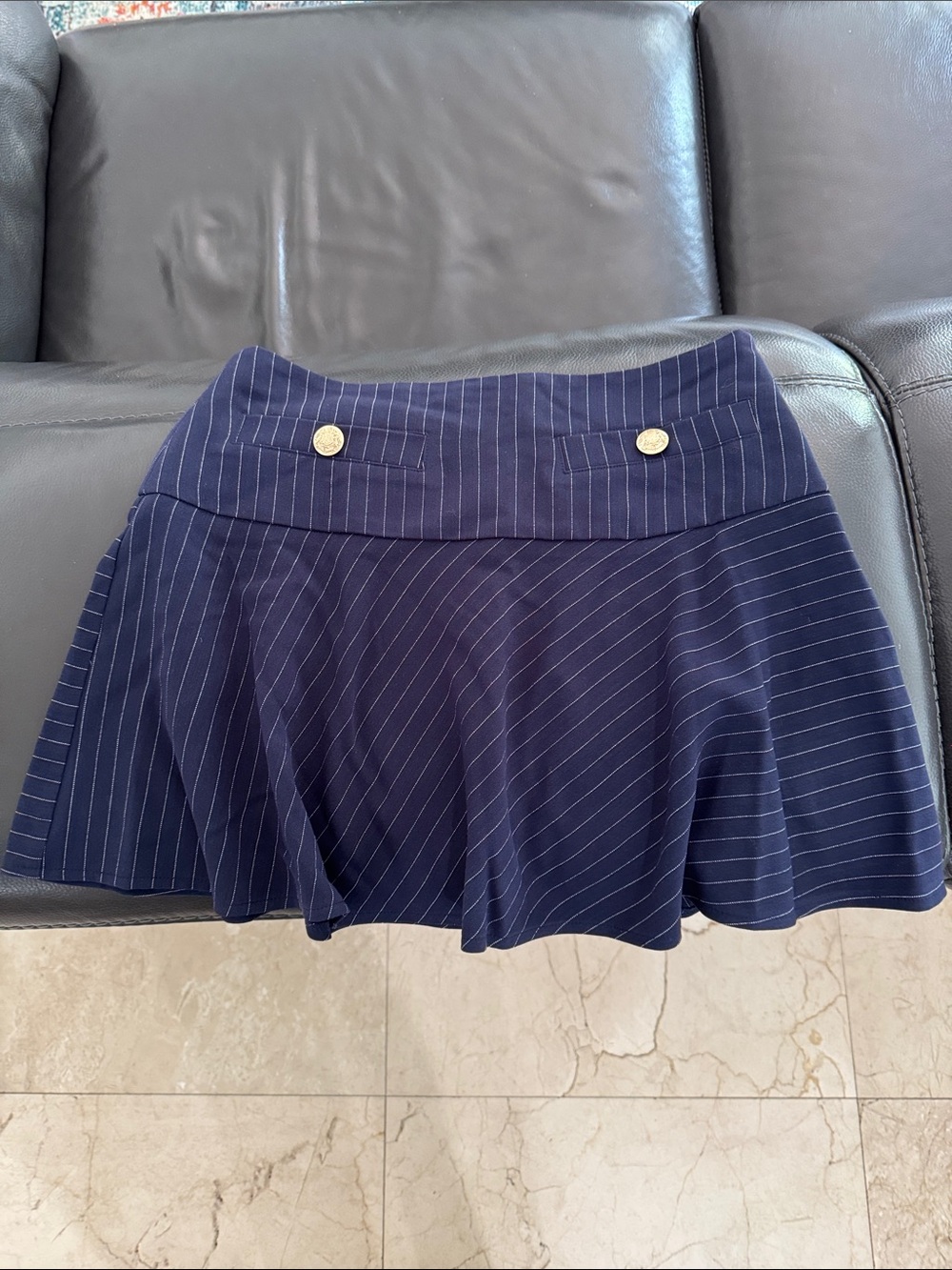 Steve Madden Navy Pinstripe Flared Skater Skirt with Gold Buttons